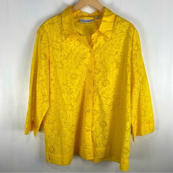 Sag Harbor Semi Sheer Sunflower Floral Button Up Down‎ Blouse Bright Yellow XL - Picture 1 of 6